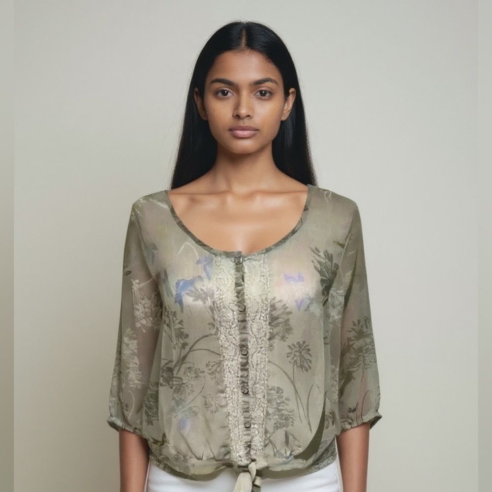 Express sheer ladies front tie blouse button down long sleeve Medium